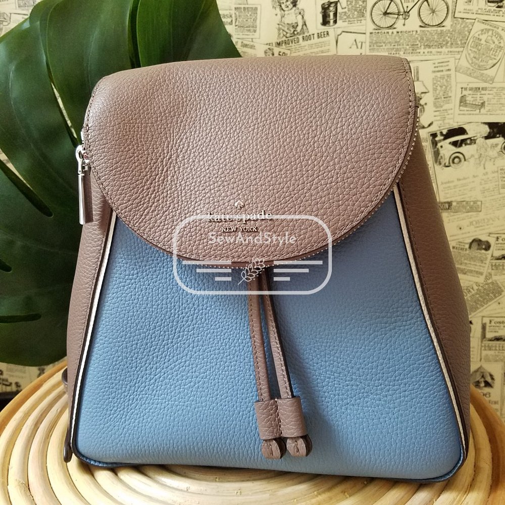 Kate Spade NWT Baltic Sea Blue Tan Leila Backpack - Picture 2 of 11